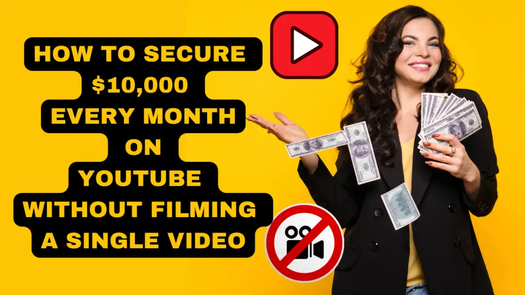 Illustration of a person standing holding lot of money, pointing to a text on the image How to secure $10,000 per month n YouTube without filming a single video.