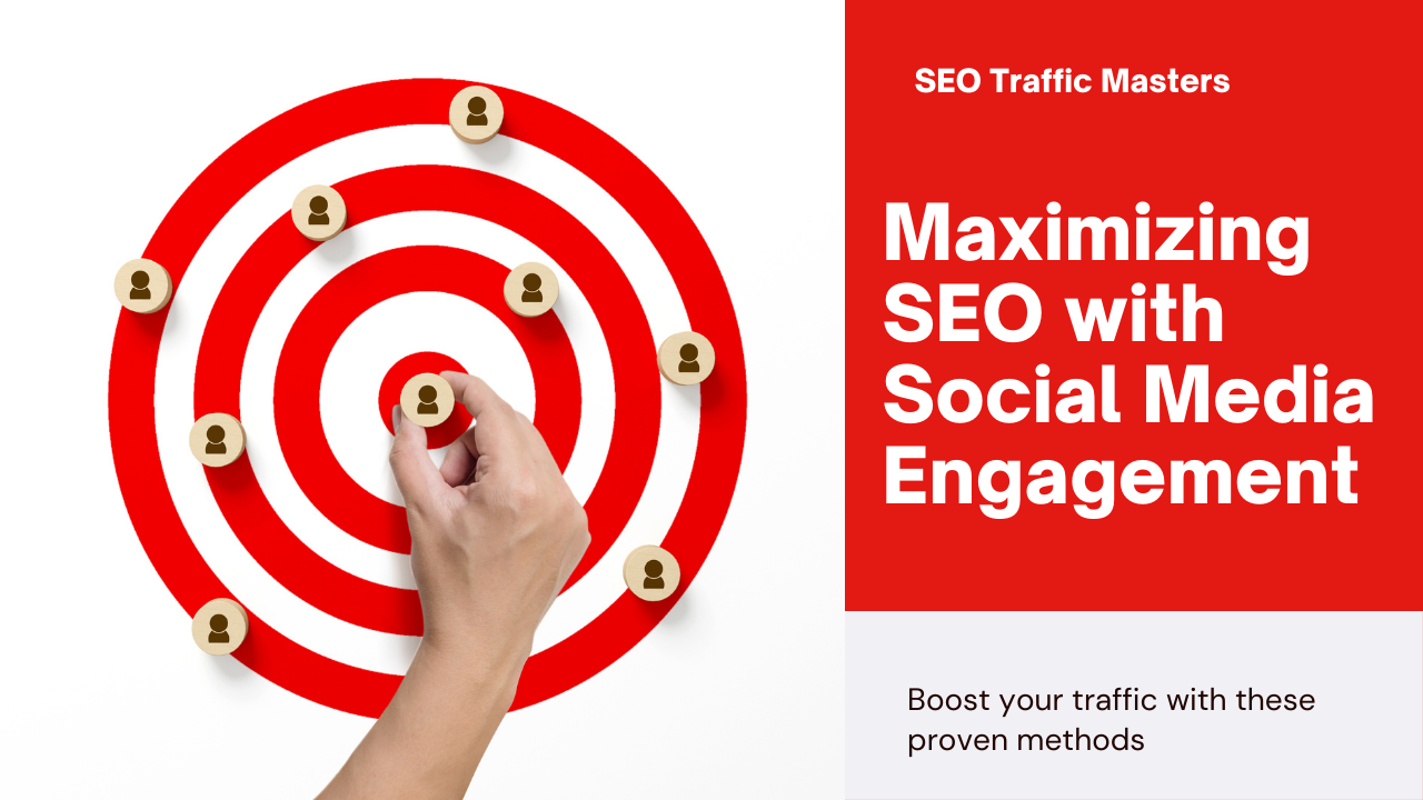 Infographic showing social media icons connected to SEO symbols with text "Maximize SEO with Social Media Engagement"