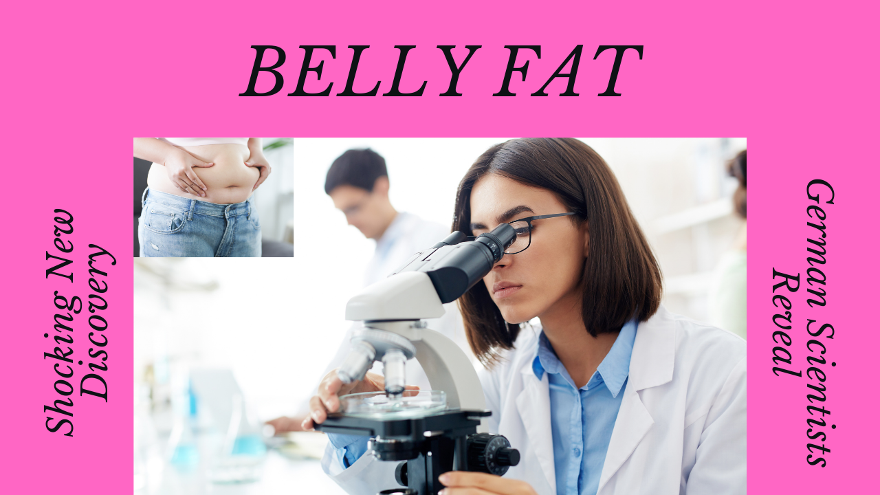 Scientist examining belly fat sample in lab next to image of person with abdominal obesity