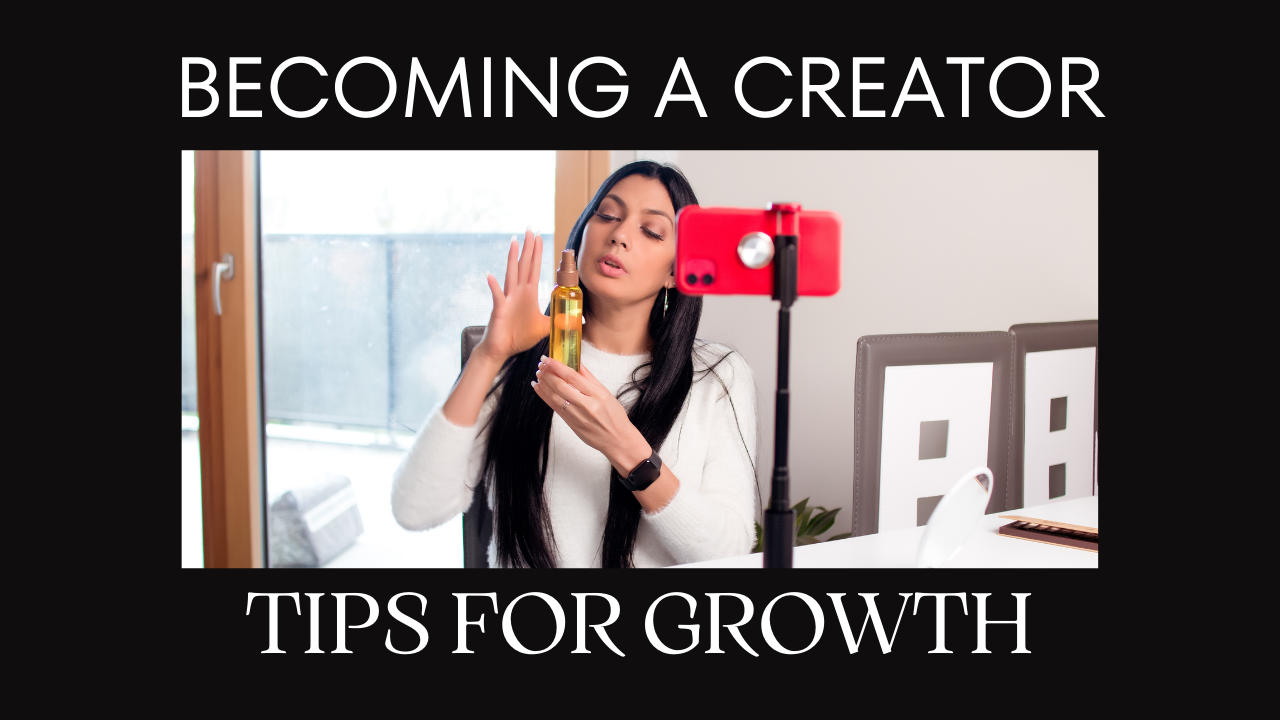 An Image of a creator in front of a camera illustrating successful content creator, including text saying become a creator. Tips for growth