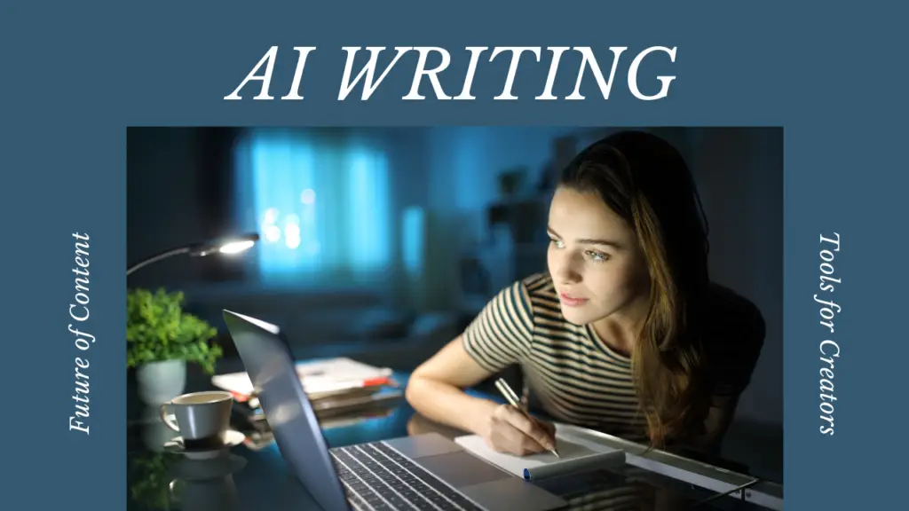 Image of someone writing down AI tools looking at the laptop and a text showing AI Writing