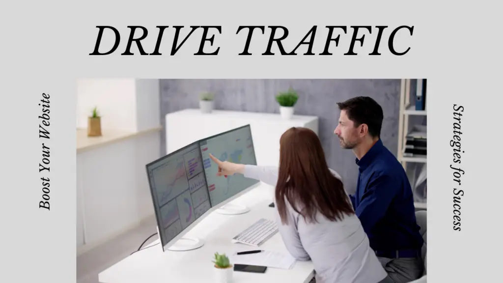 Image showing someone pointing to a website on a desktop with a text drive traffic