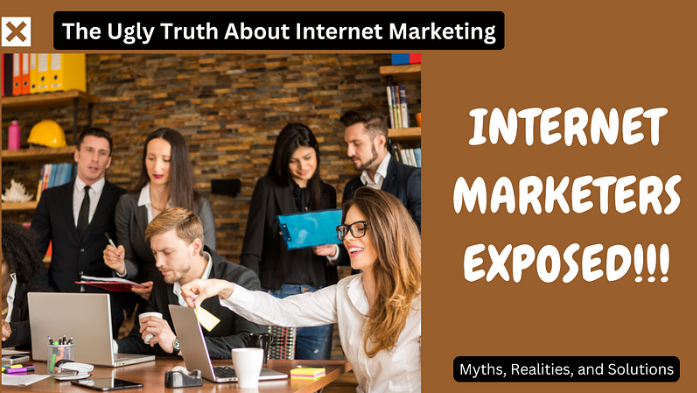 Internet Marketing Exposed: A bold headline on a sleek digital marketing-themed background, with internet marketers deliberating looking at their laptops.